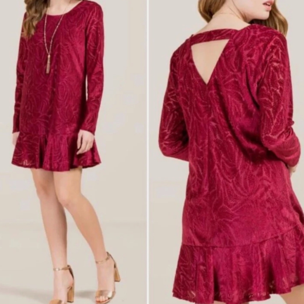 Francesca's Caydin Velvet Flounce Shift Dress Burgundy Red Size M NWOT